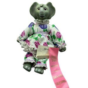 Vintage Country Dolls Elephant Figurine Floral Dress Sonoma County Fair Ribbon